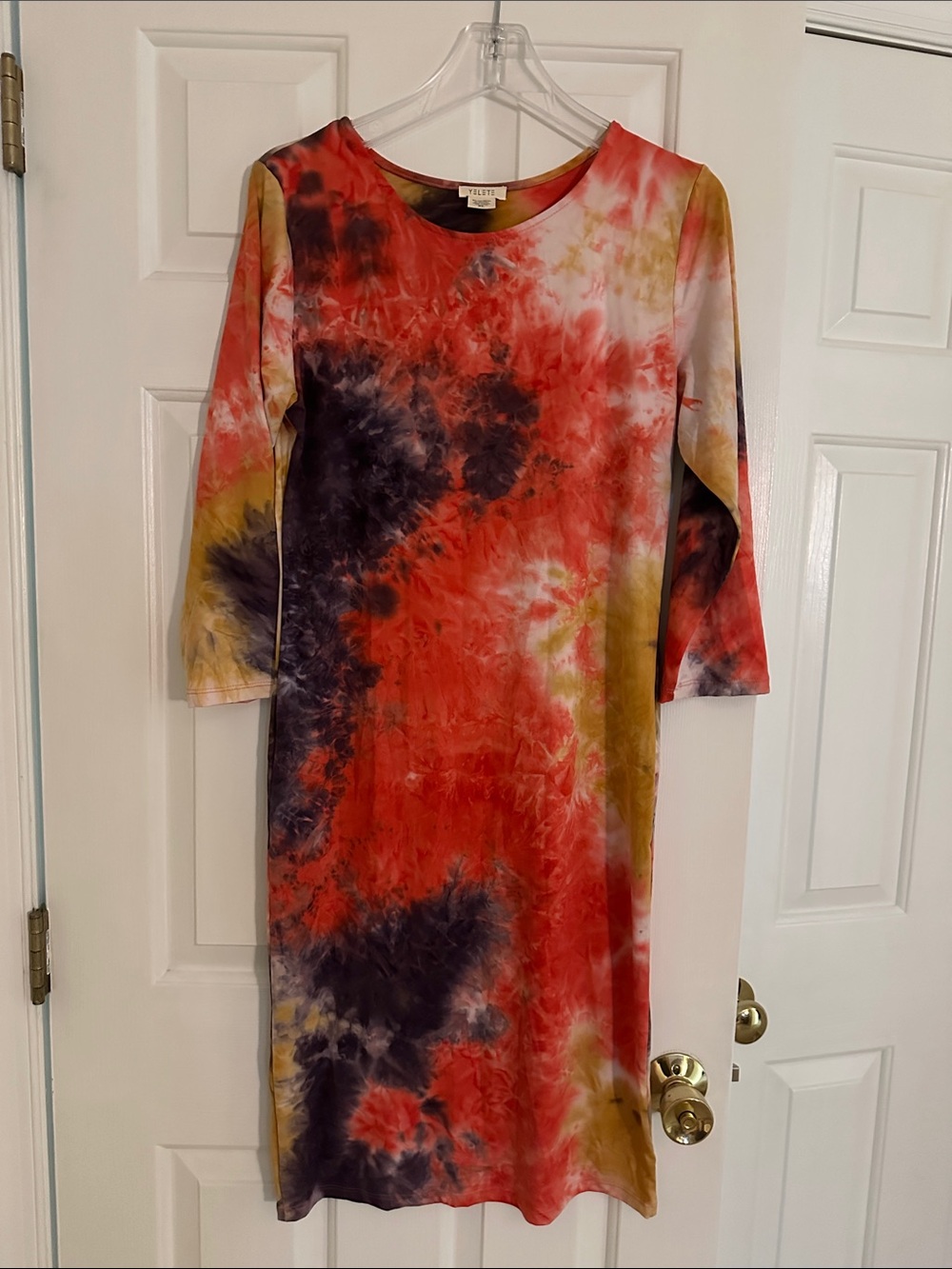 Yelete Tie-Dye Midi Dress in Red, Purple & Gold - Sleeved Casual Dress